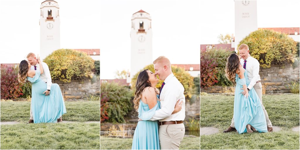 Dip kiss pose at the Boise Depot in the fall in Idaho. Photo by Miranda Renee Photography