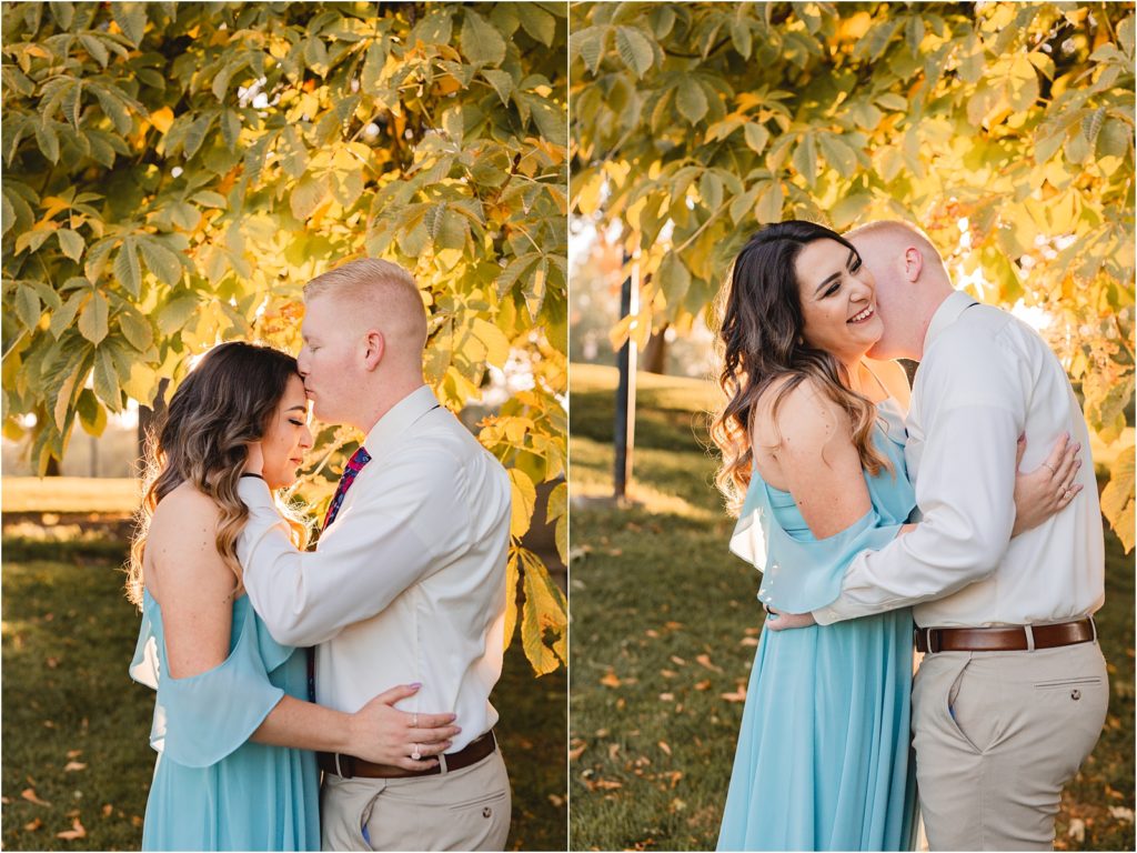 forehead and neck kisses. engaged couple in las vegas Nevada