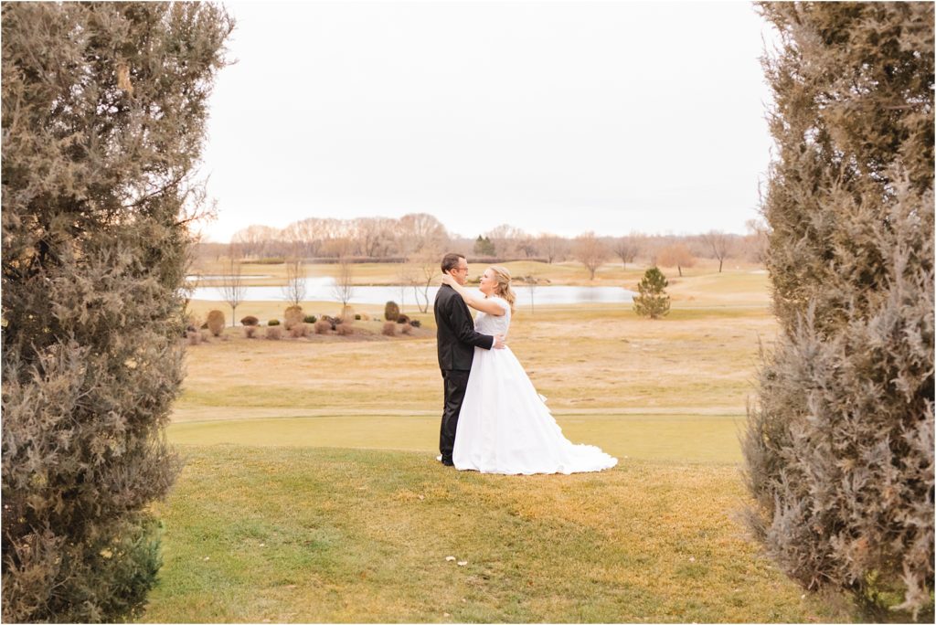 Bride and groom at the Spurwing Club for their January elopement