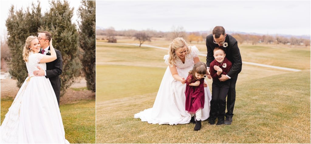 bride and groom with their kids dressed in burgundy January elopement