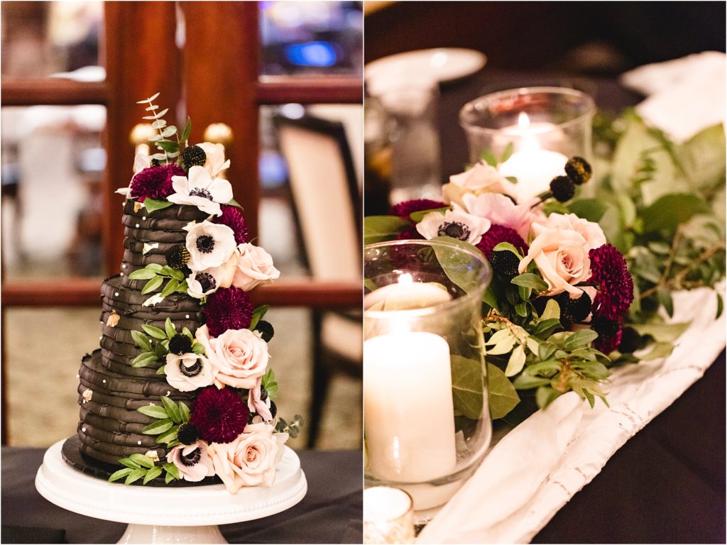 wedding cake and reception details in gold, ivory, brown, and burgundy. January elopement