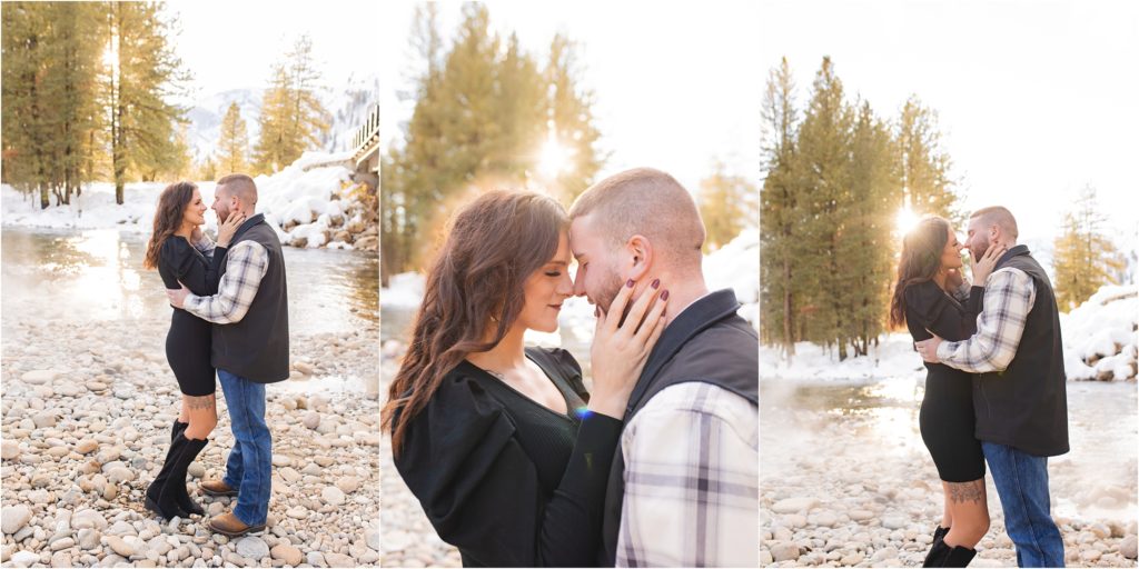 Couple at elk flats hot springs in Pine Idaho for their Boise engagement photos