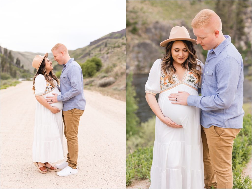 maternity couple with mom in white dress on a gravel road in Idaho