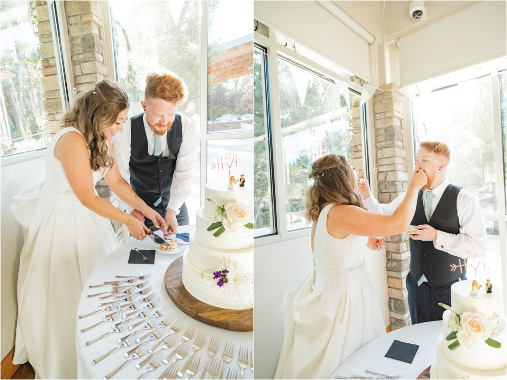 bride and groom cutting cake in Boise Idaho photo by Miranda Renee Photography Barber Park Wedding