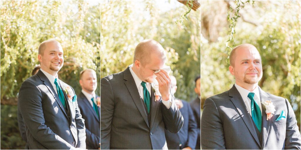 groom crying when he sees his bride, photo by Miranda Renee Photography in Boise Idaho
