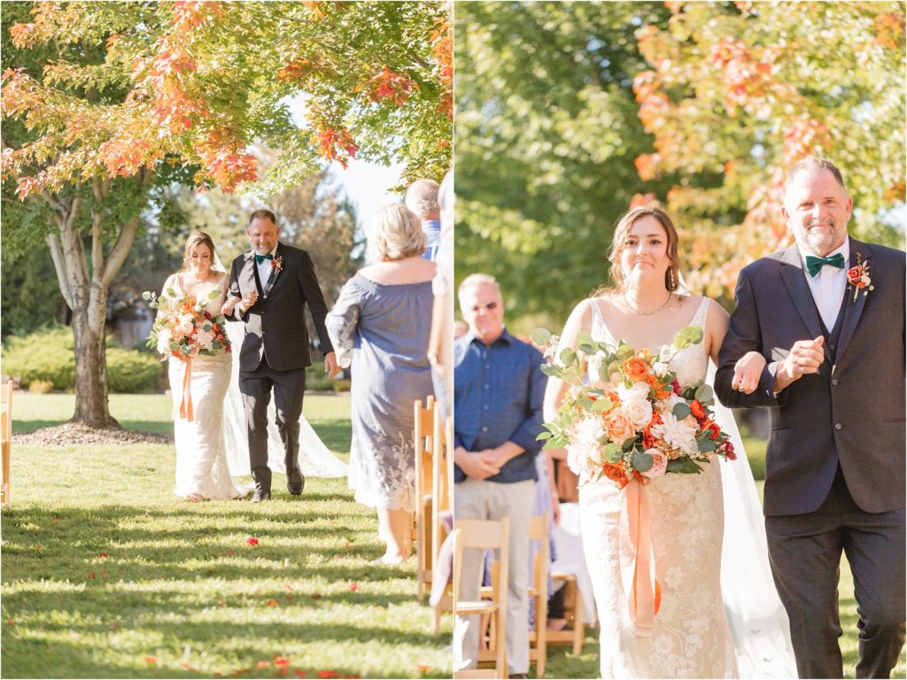 bride walking down the aisle with dad at an outdoor fall wedding at the 1st Miracle