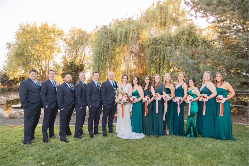 autumn wedding party in shades of green and gray