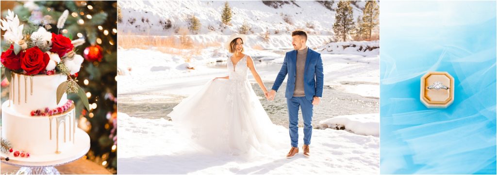bride and groom standing in snow in boise idaho