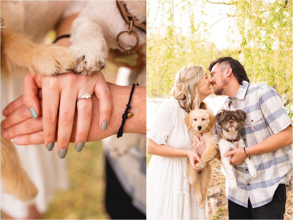 couple kissing over their dogs, dogs paws with engagement ring Boise Engagement Session