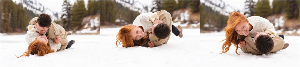 couple rolling in the snow photos by Miranda Renee Photography