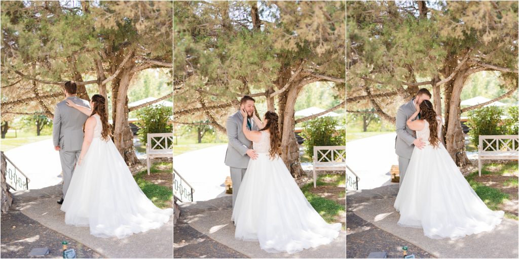 first look with bride and groom at stone crossing