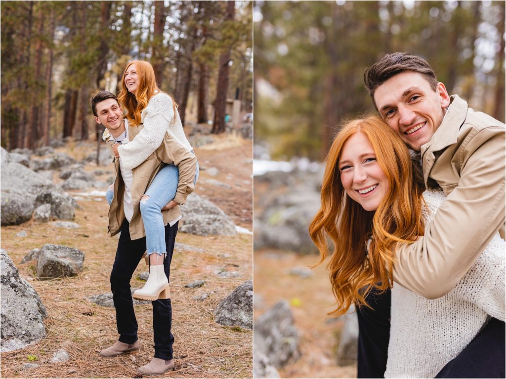 couple doing a piggyback ride for their engagement photos in Boise 