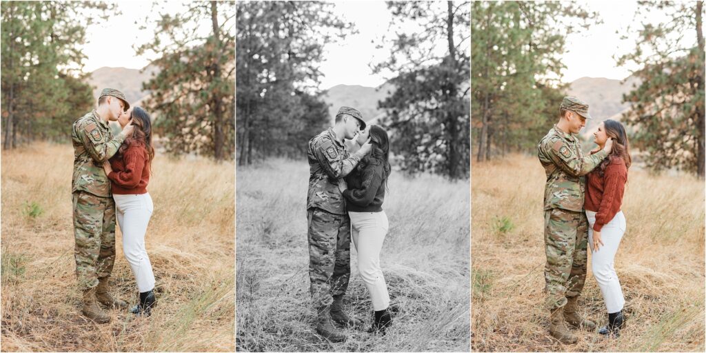 man in air force uniform kissing wife Horseshoe Bend Engagement