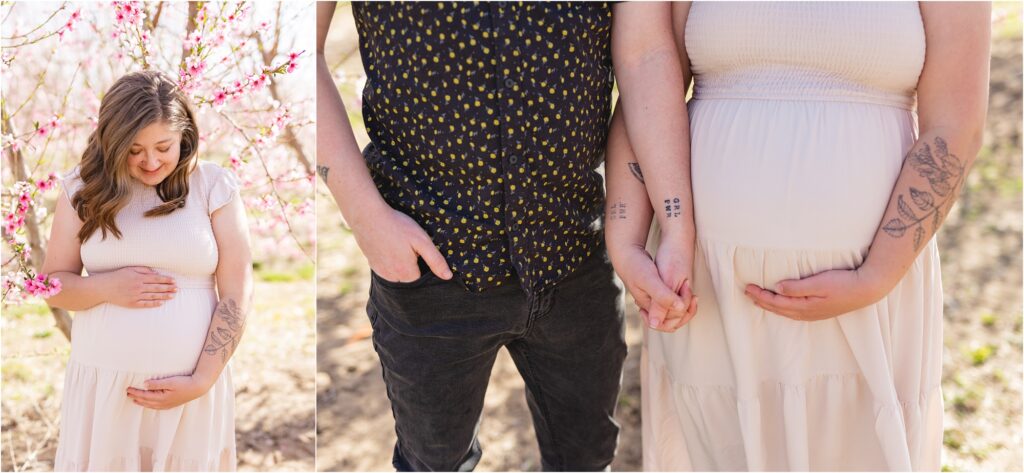 maternity photos in a blooming orchard in boise 