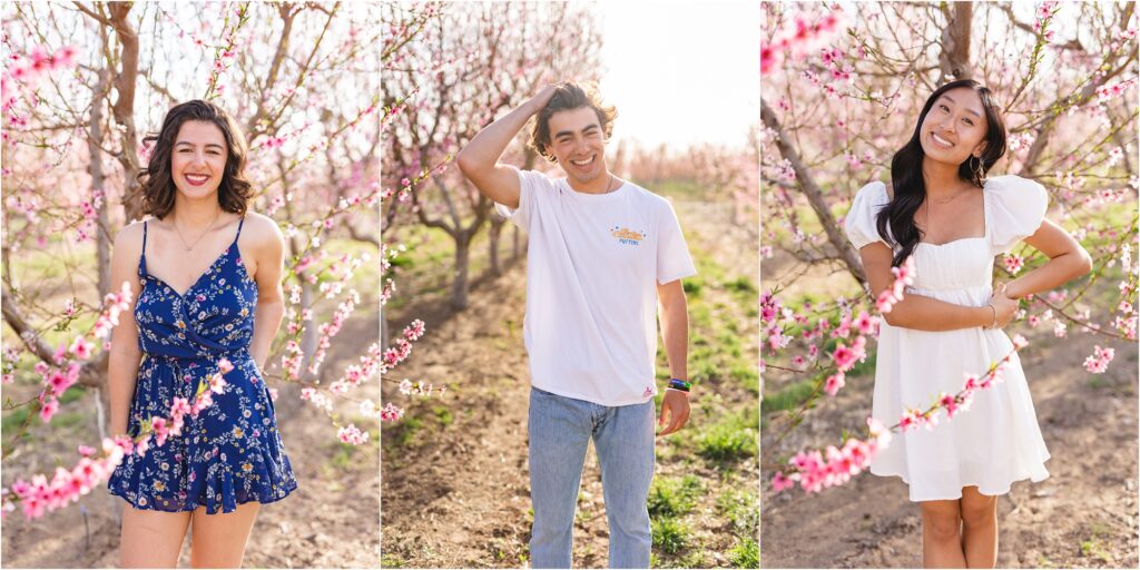 senior photos in a blooming orchard in boise idaho