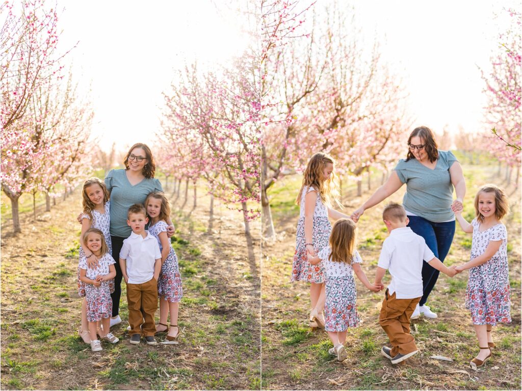 fun family photos in a blooming orchard in boise idaho