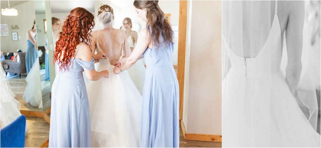 bridesmaids zipping up brides dress at still water hollow