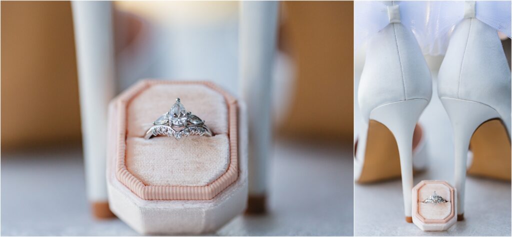heirloom style wedding ring in pink velvet ring box with white high heels