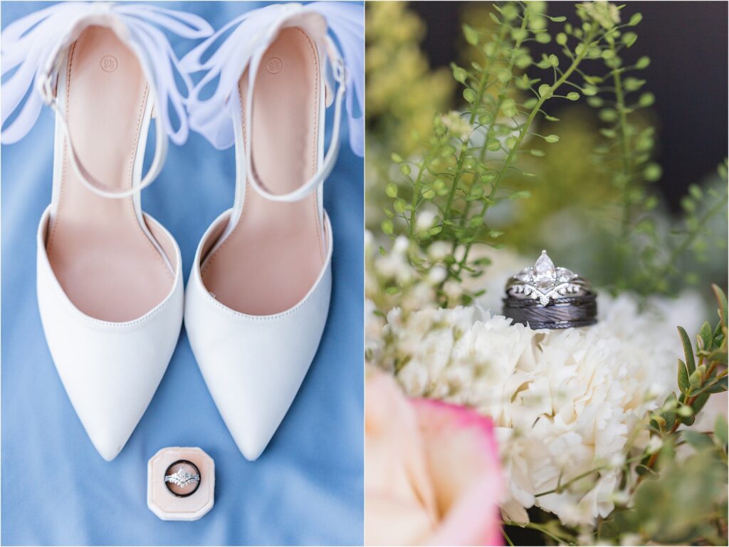 white wedding shoes with bows and ring photos in carnations