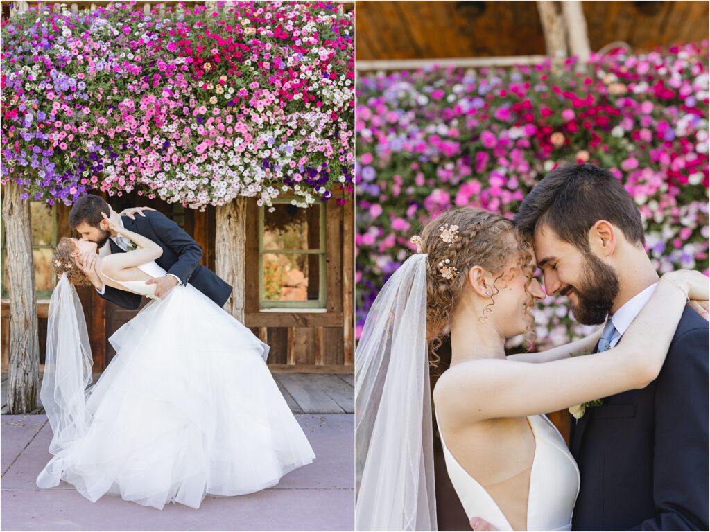 bride and groom kissing under flower balcony