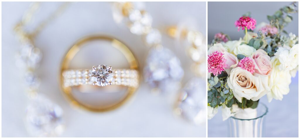 gold wedding rings and ivory and pink roses