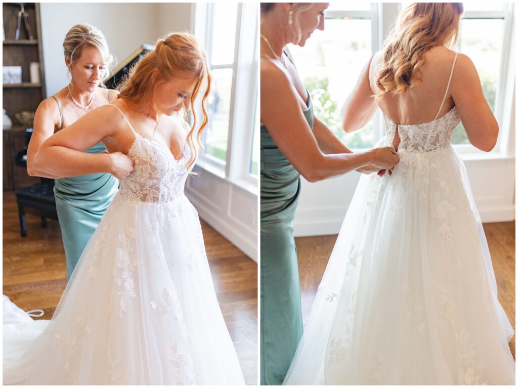 bride putting on dress from BB Bridal Boise