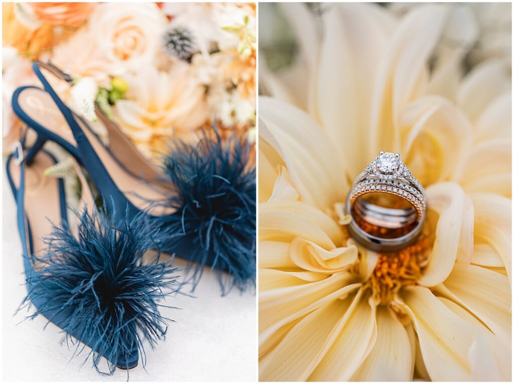 blue feather wedding shoes and wedding rings on flowers