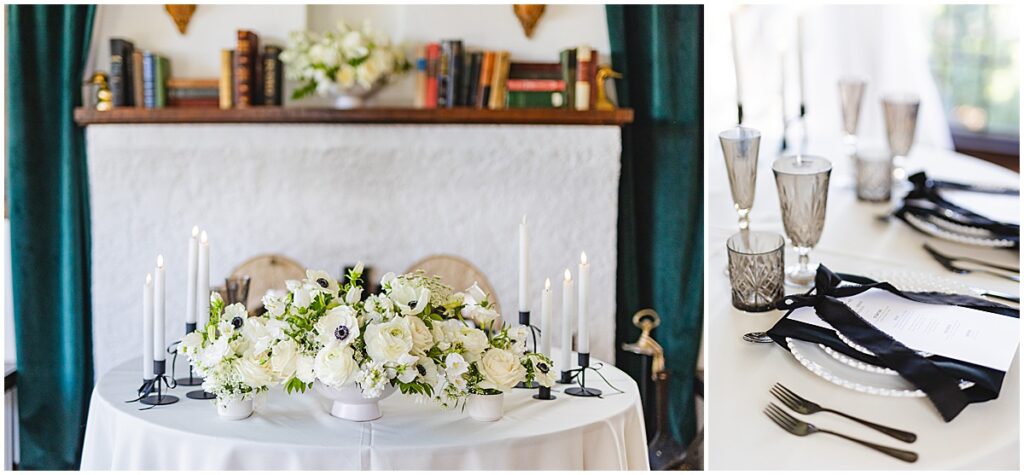 black and white wedding table settings at the cottage at riverbend