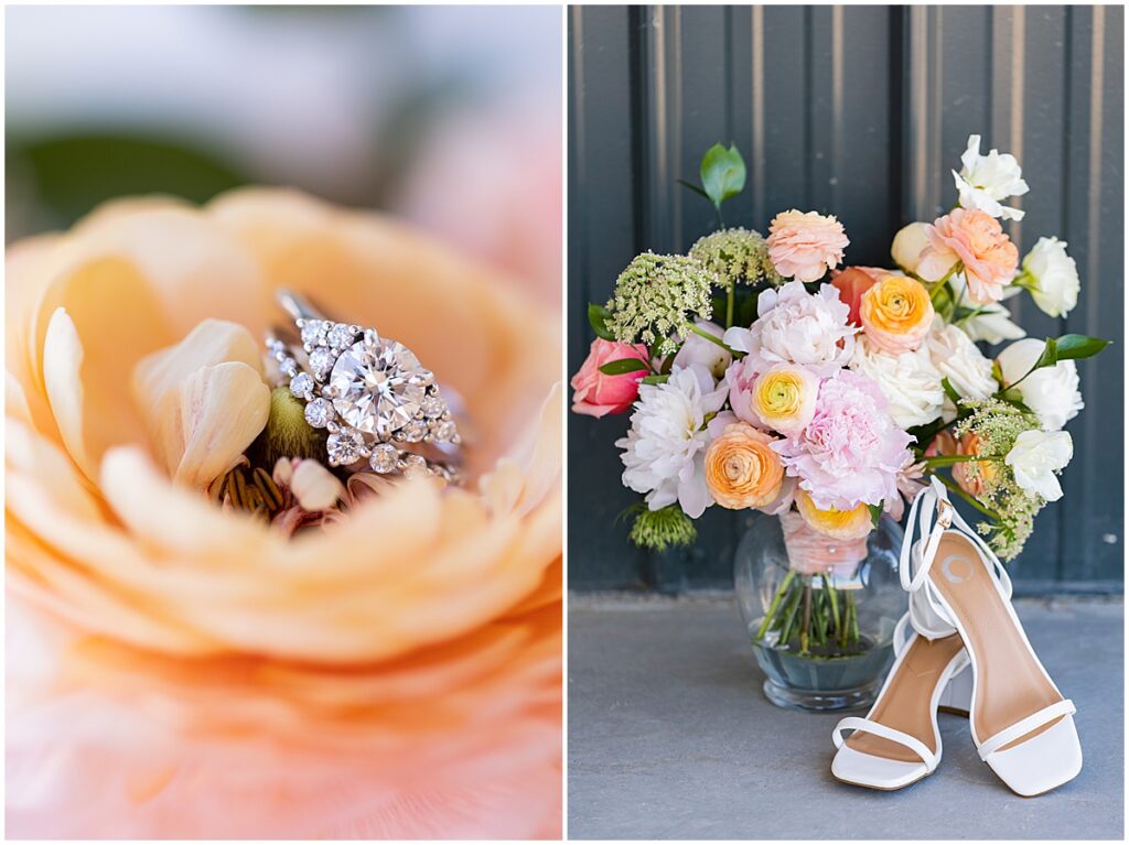 wedding and engagement rings in a flower