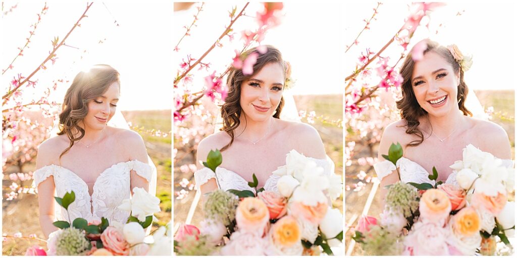 bride in white lace dress holding her flowers in a blooming orchard in caldwell, idaho