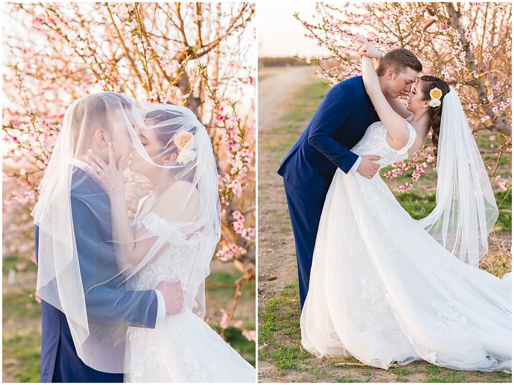 bride and groom under veil