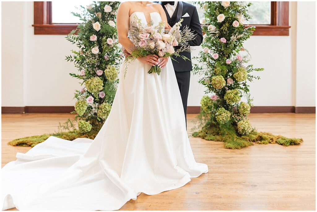 bride and groom in black tie in Boise Idaho at the TRICA