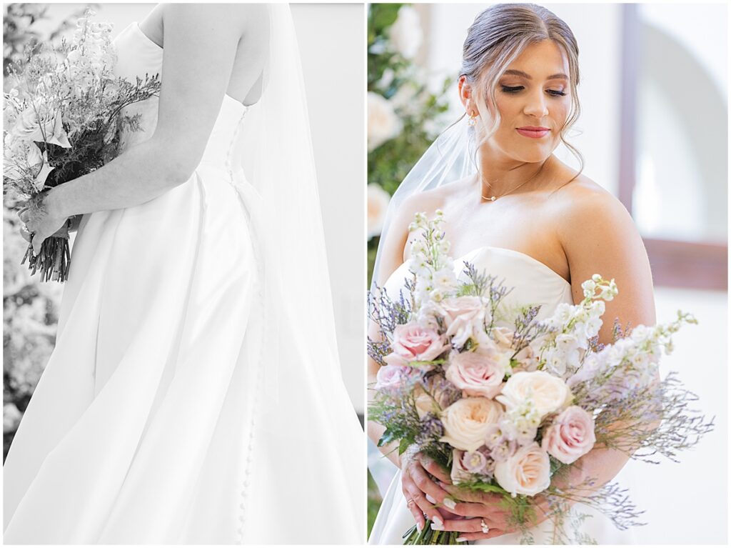 bride in BB Bridal dress holding her spring bouquet