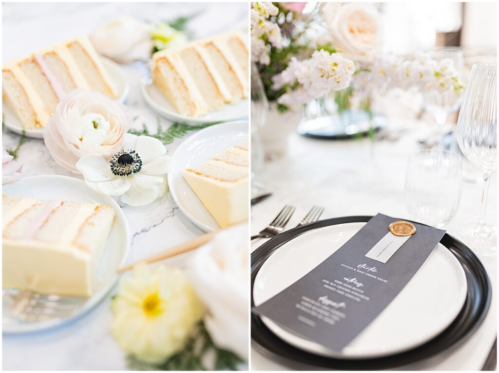 cake flatlay and whimsical reception table setting