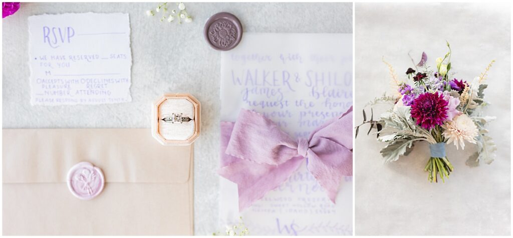 stationary flatlay in pink and purple