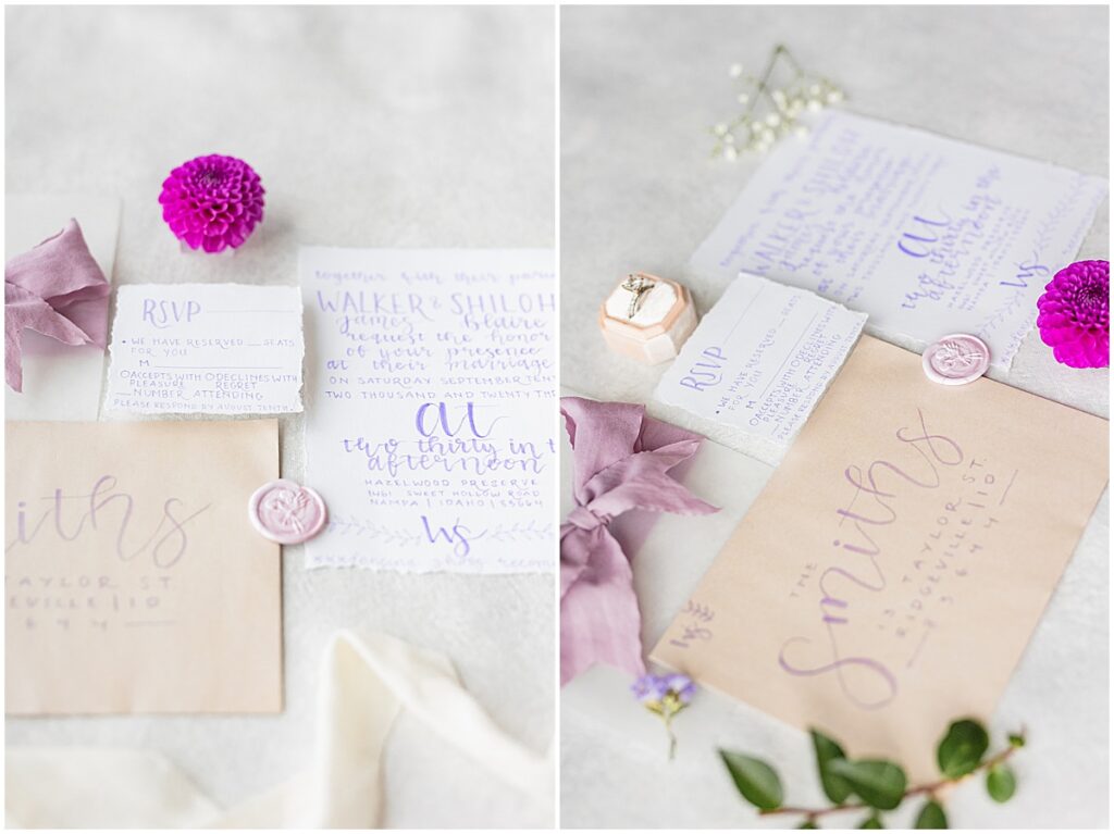 ivory, purple, and pink wedding invitation suite