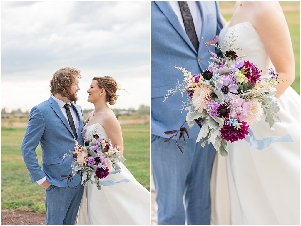 bride and groom with the wind blowing them in emmett idaho