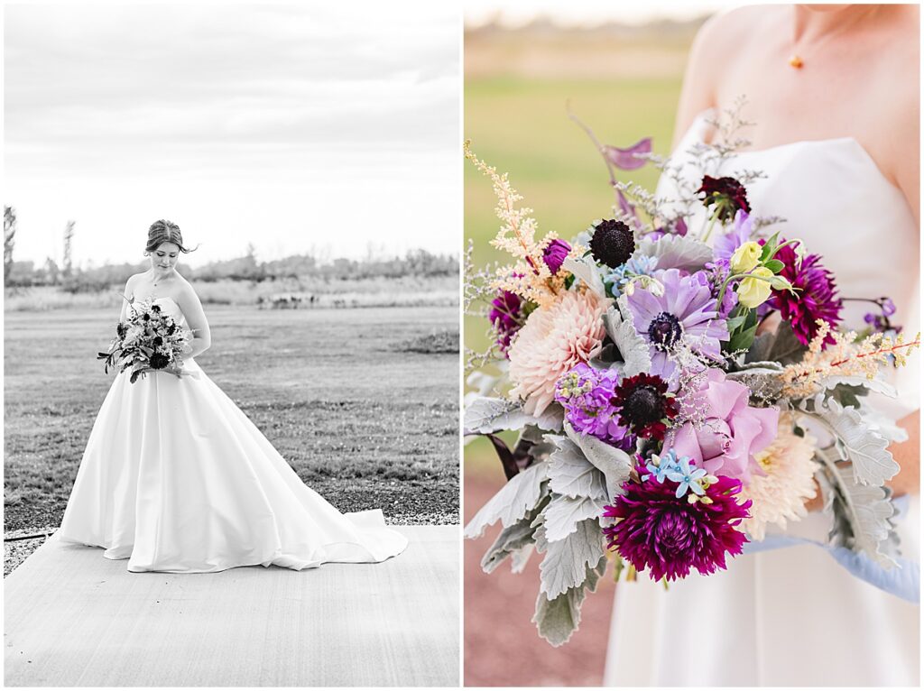 bride holding her bouquet with pinik, purple, and blue colors