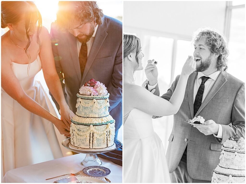 bride and groom cutting wedding cake at their reception