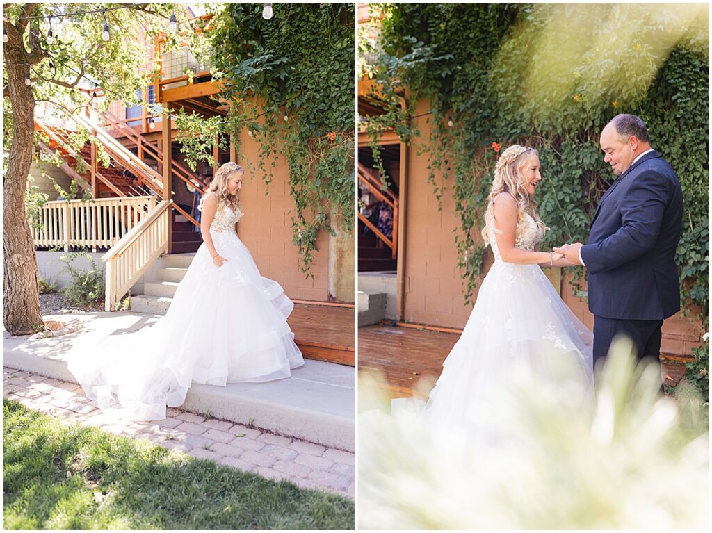 bride doing a first look with her dad in her wedding dress