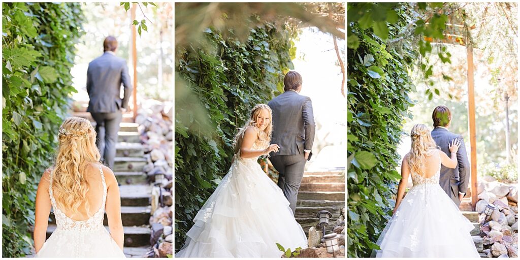 bride and groom first look on the stairs