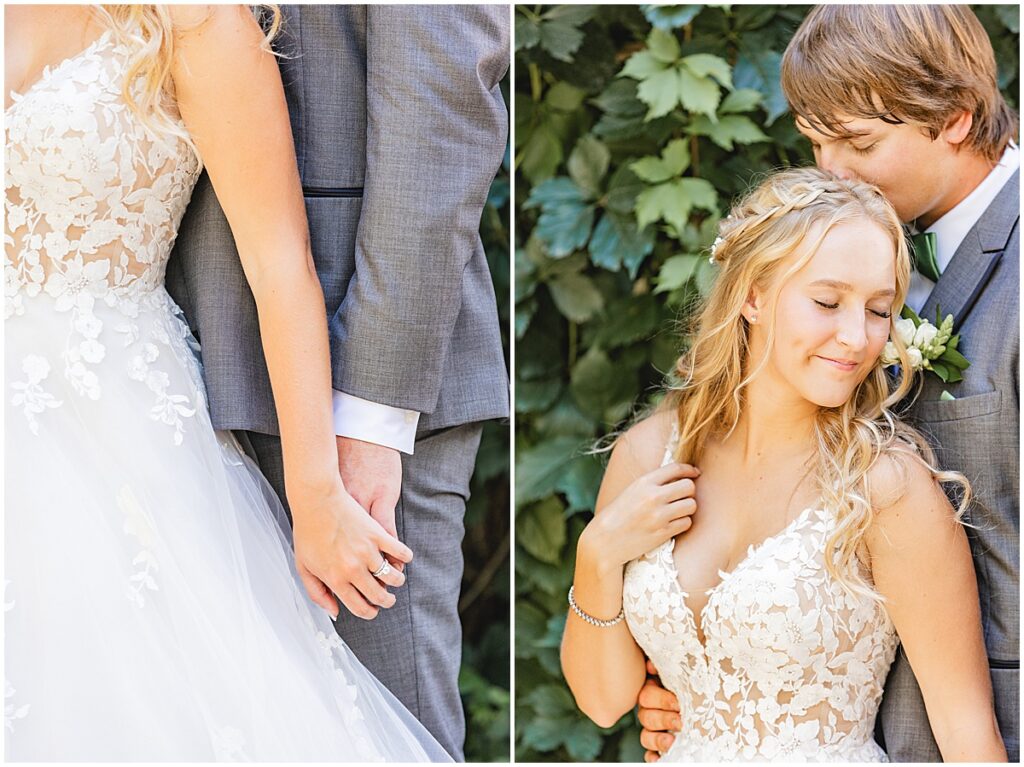 bride and groom holding hands and kissing