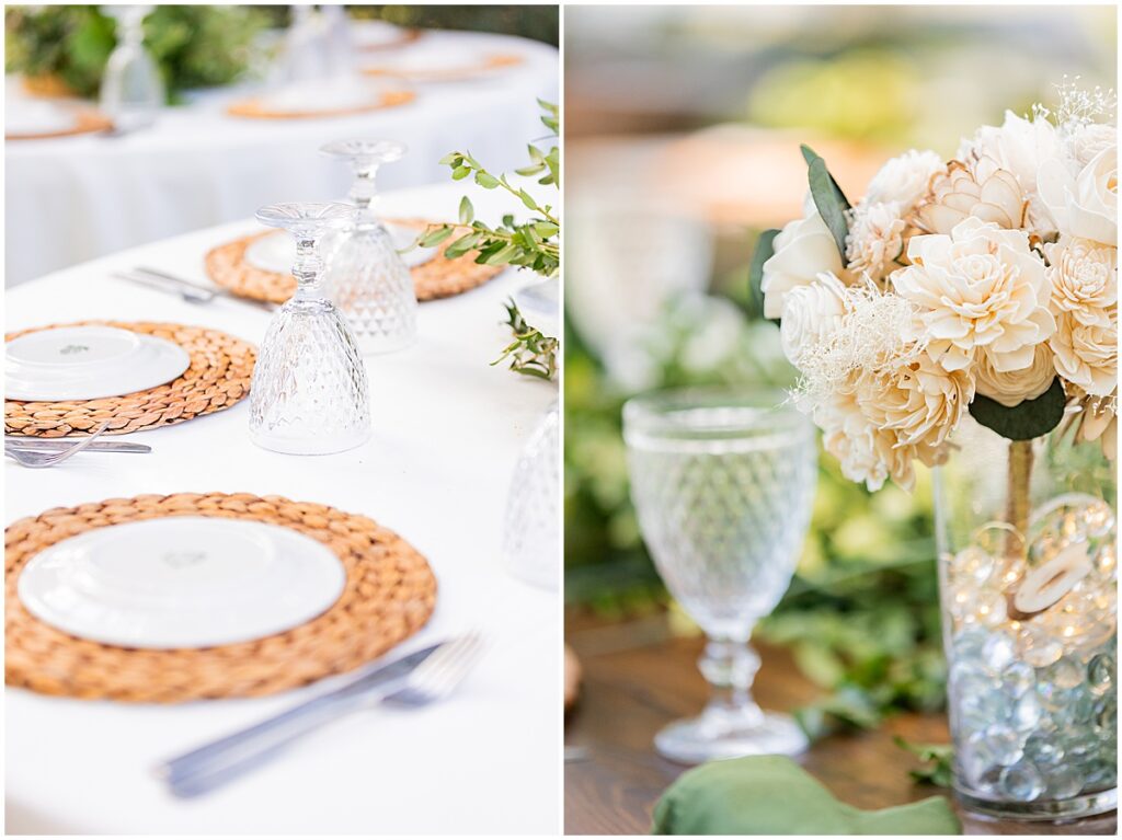 wedding reception table details of wicker and glass