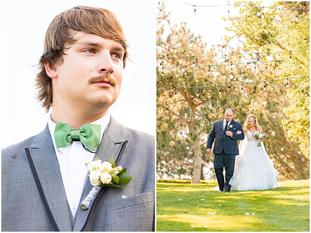 bride walking down aisle with her dad, groom crying