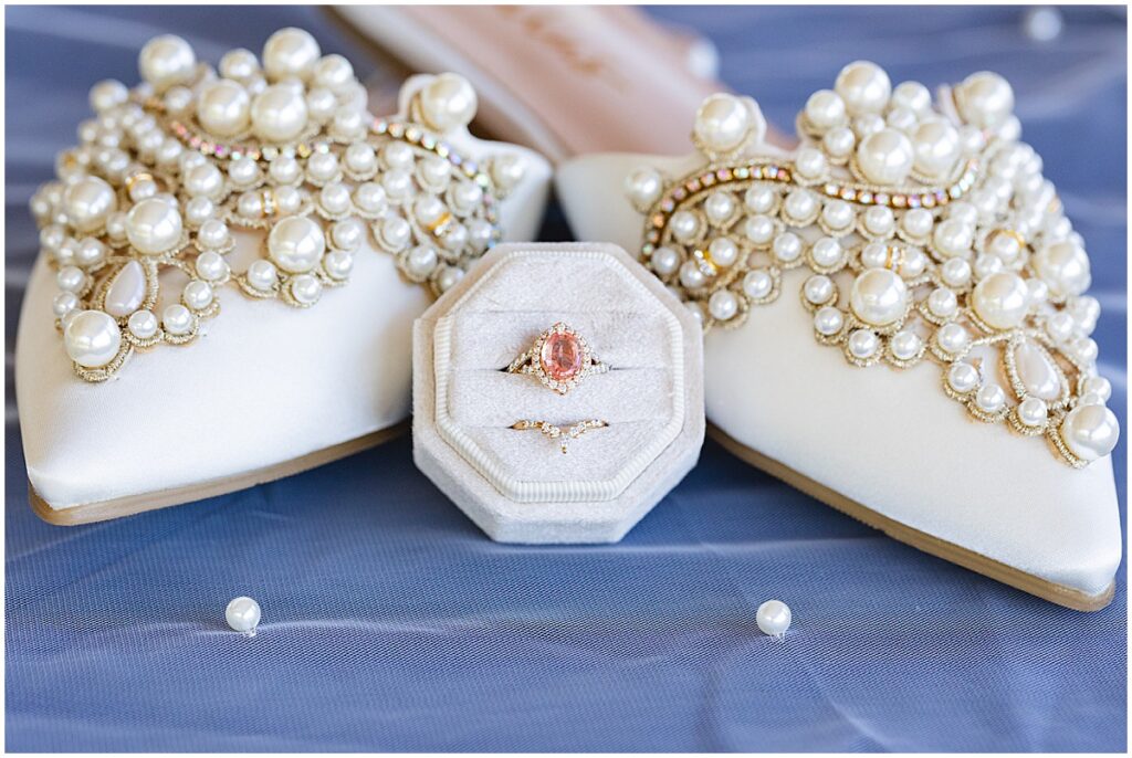 pearl wedding shoes and a pearl-studded veil