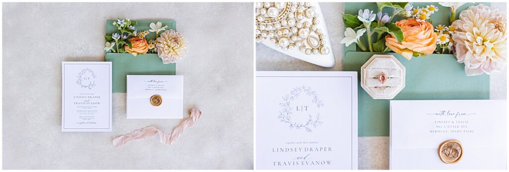 flowers coming out of wedding invitation envelope