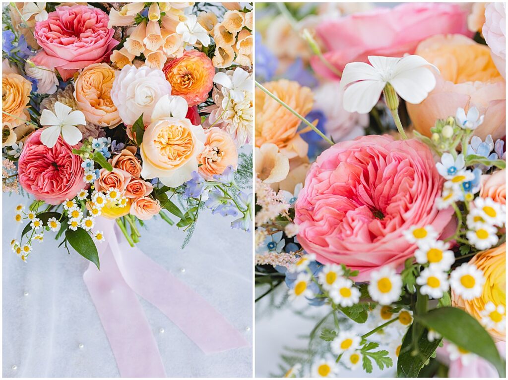 pink, peach, ivory, and blue wedding flowers by wild alpine floral