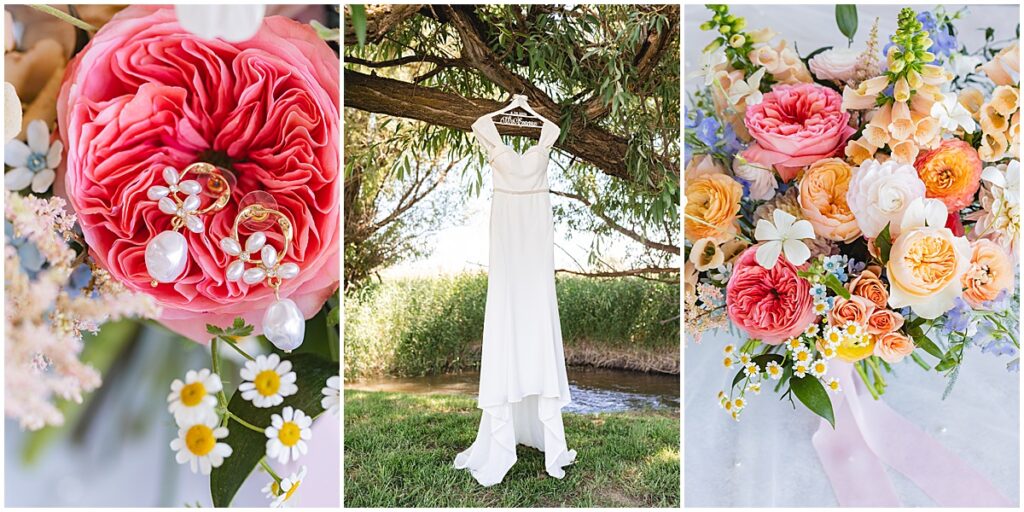 wedding dress hanging in a tree at Bissel Creek Meadows