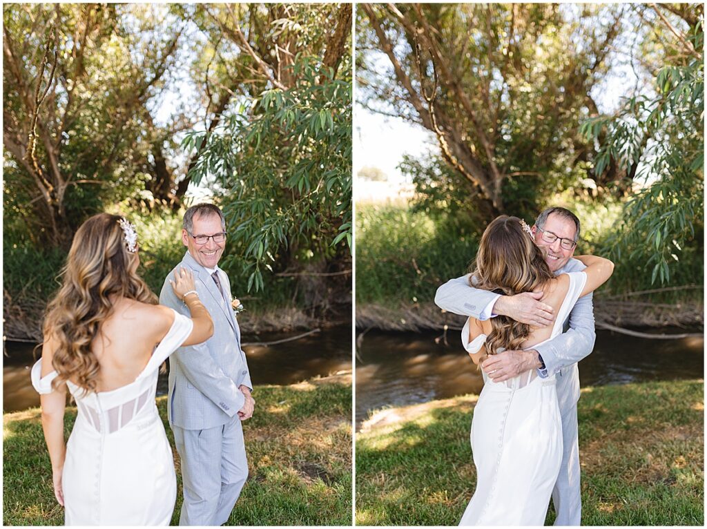 bride's first look with dad outside