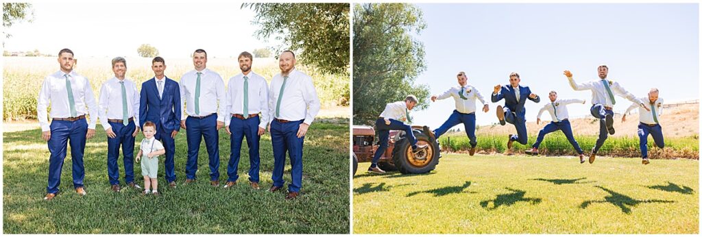 groom and groomsmen jumping in the air